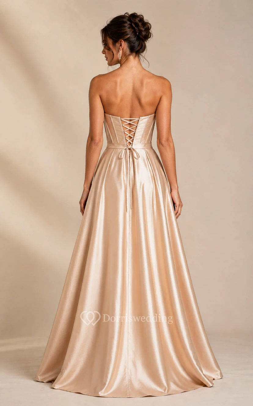 Champagne Satin A-Line Prom Dress Sweetheart Corset Gown view 2