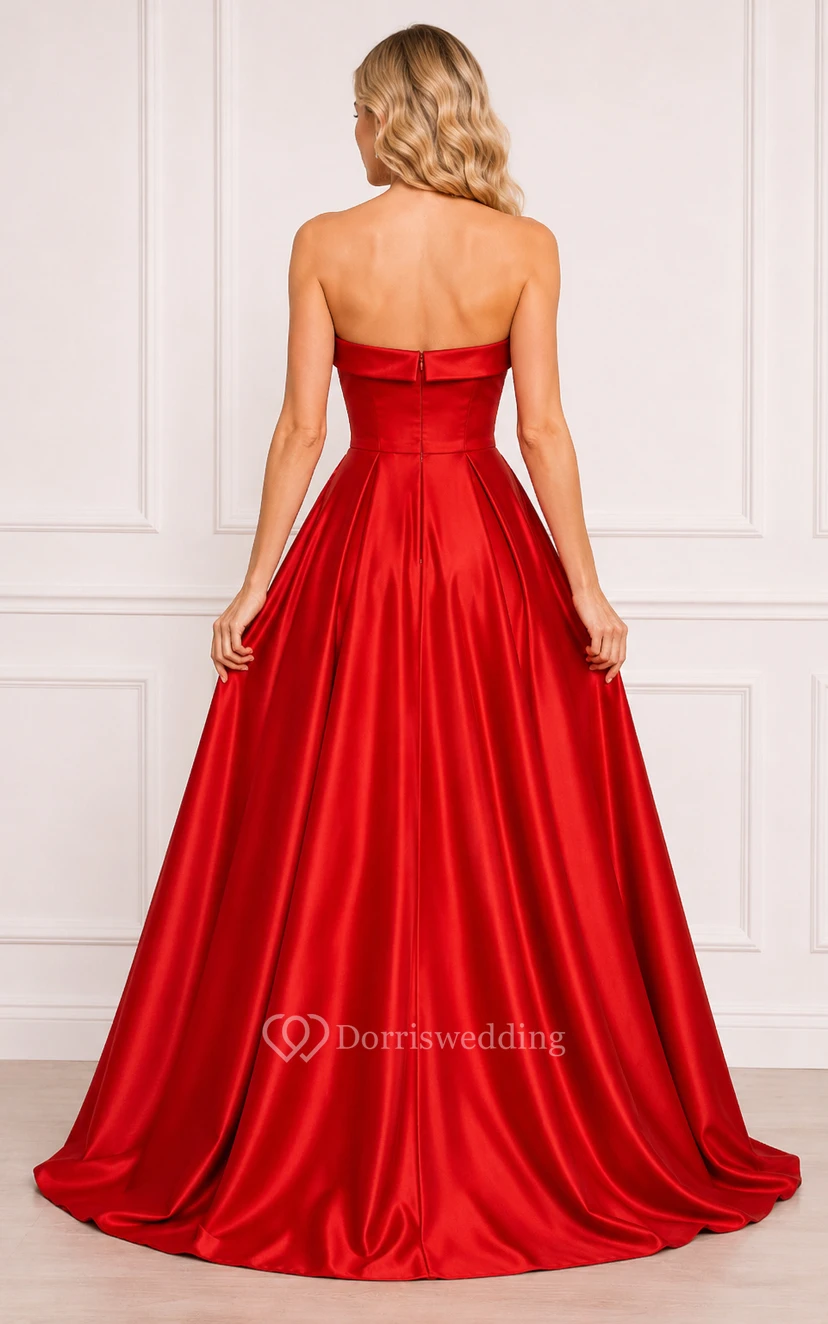 Red Strapless Satin A-Line Formal Dress with Sweetheart Neckline and Slit view 2