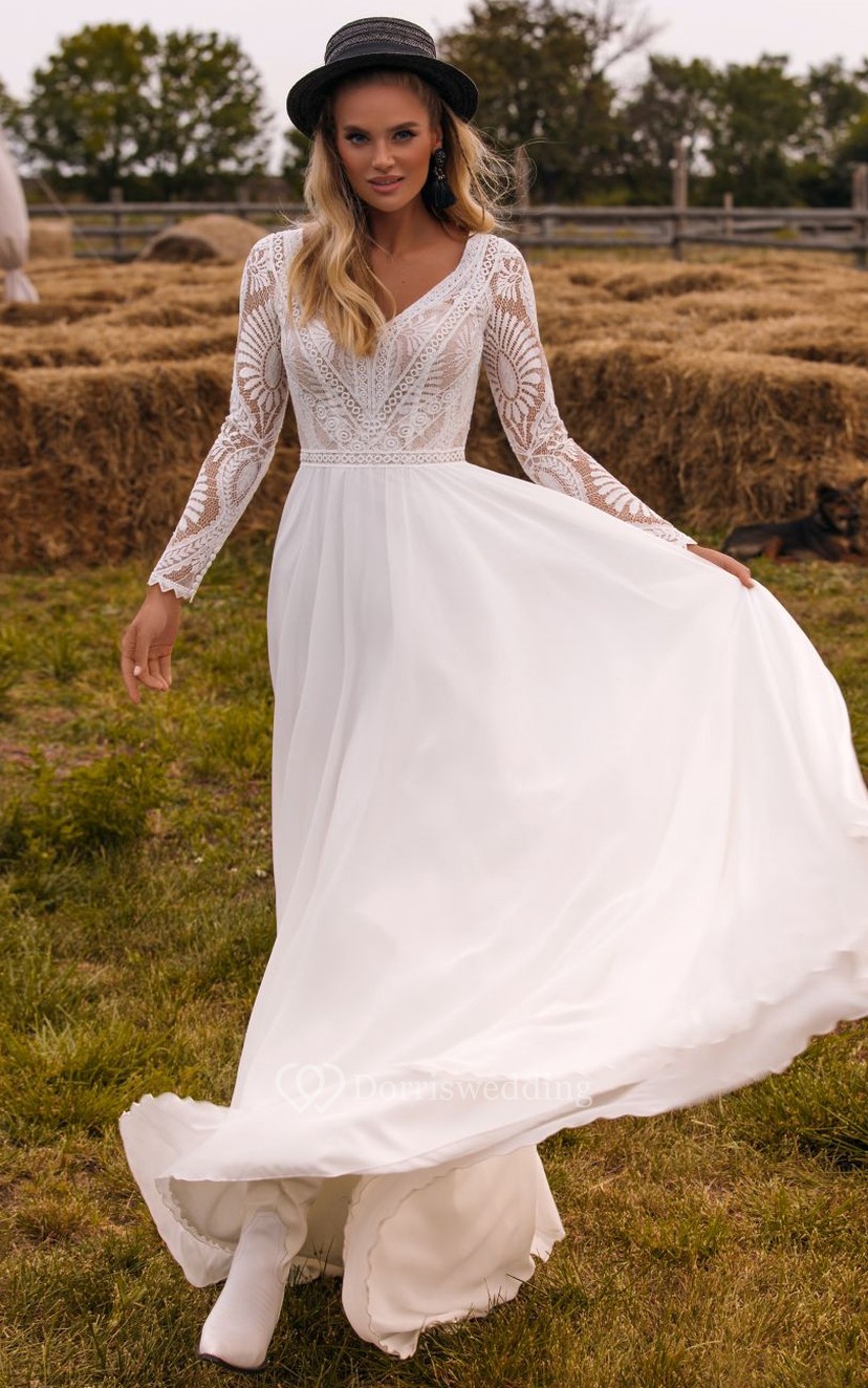 Courtry V neck Long Sleeve Chiffon Simple Boho Wedding Dress with Lace Top Dorris Wedding