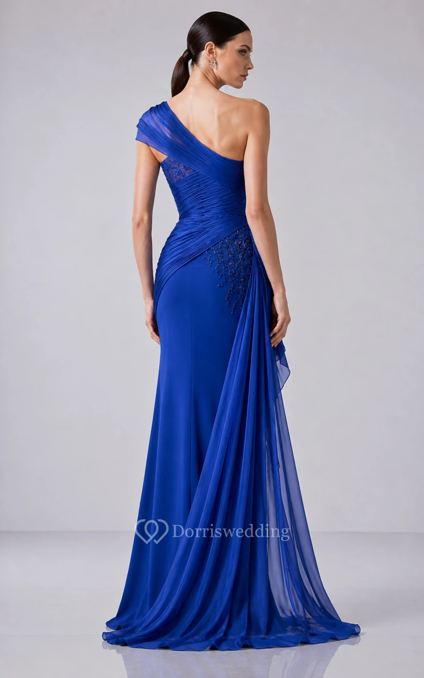 Royal Blue One-Shoulder Sheath Prom Dress with Tulle Overlay and High Slit view 2