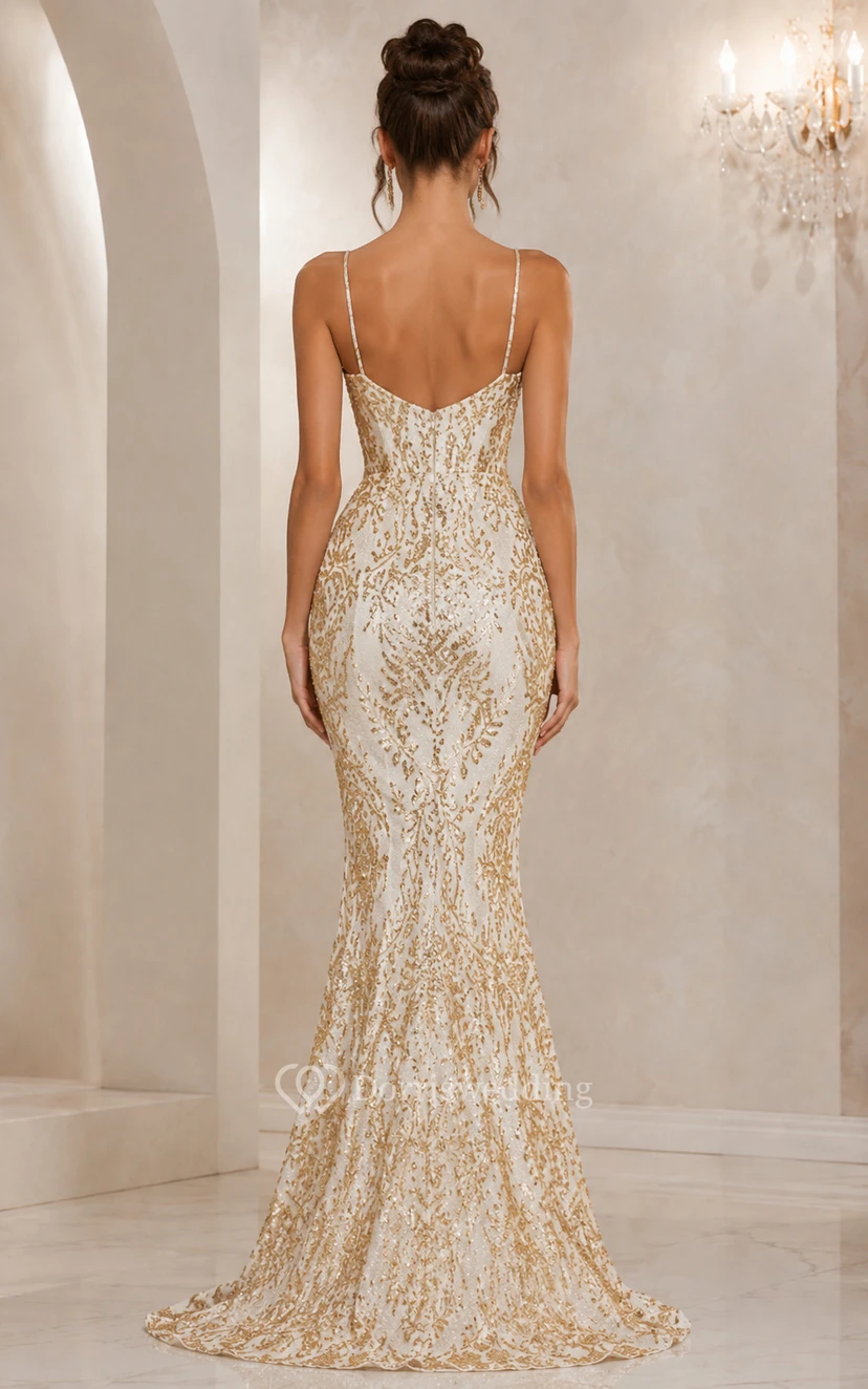 Ivory and Gold Sequin Prom Dress with Deep V Neckline Mermaid Gown view 2