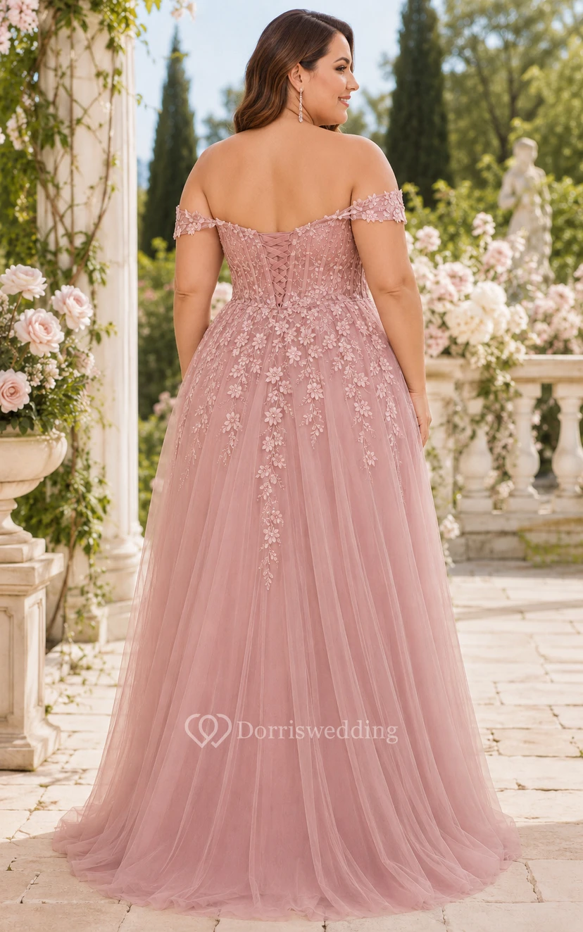 Elegantes, schulterfreies A-Linien-Tüllkleid in Übergröße in Altrosa mit Applikationen für Abschlussball und festliche Empfänge view 2