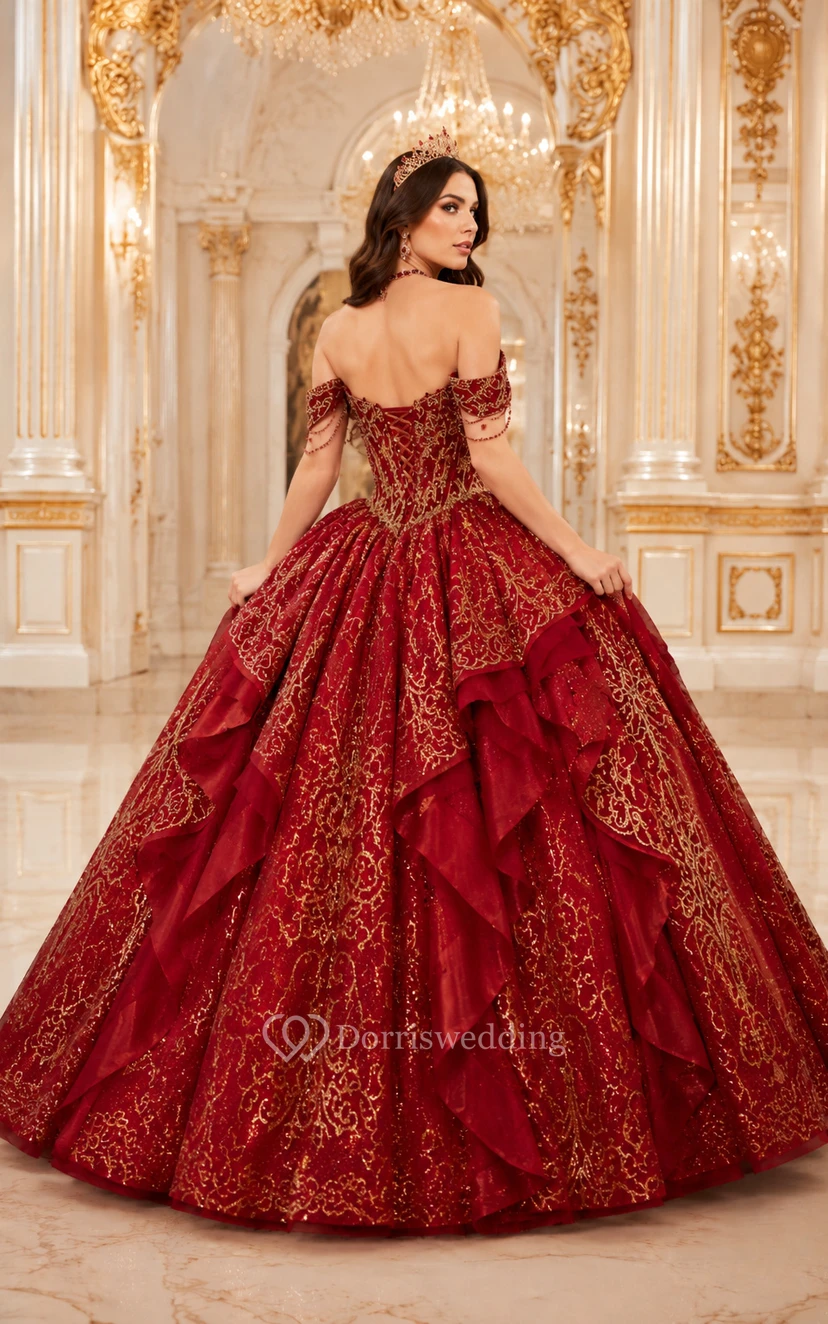 Robe de bal rouge et or brodée, robe de quinceañera avec jupe à volants view 2