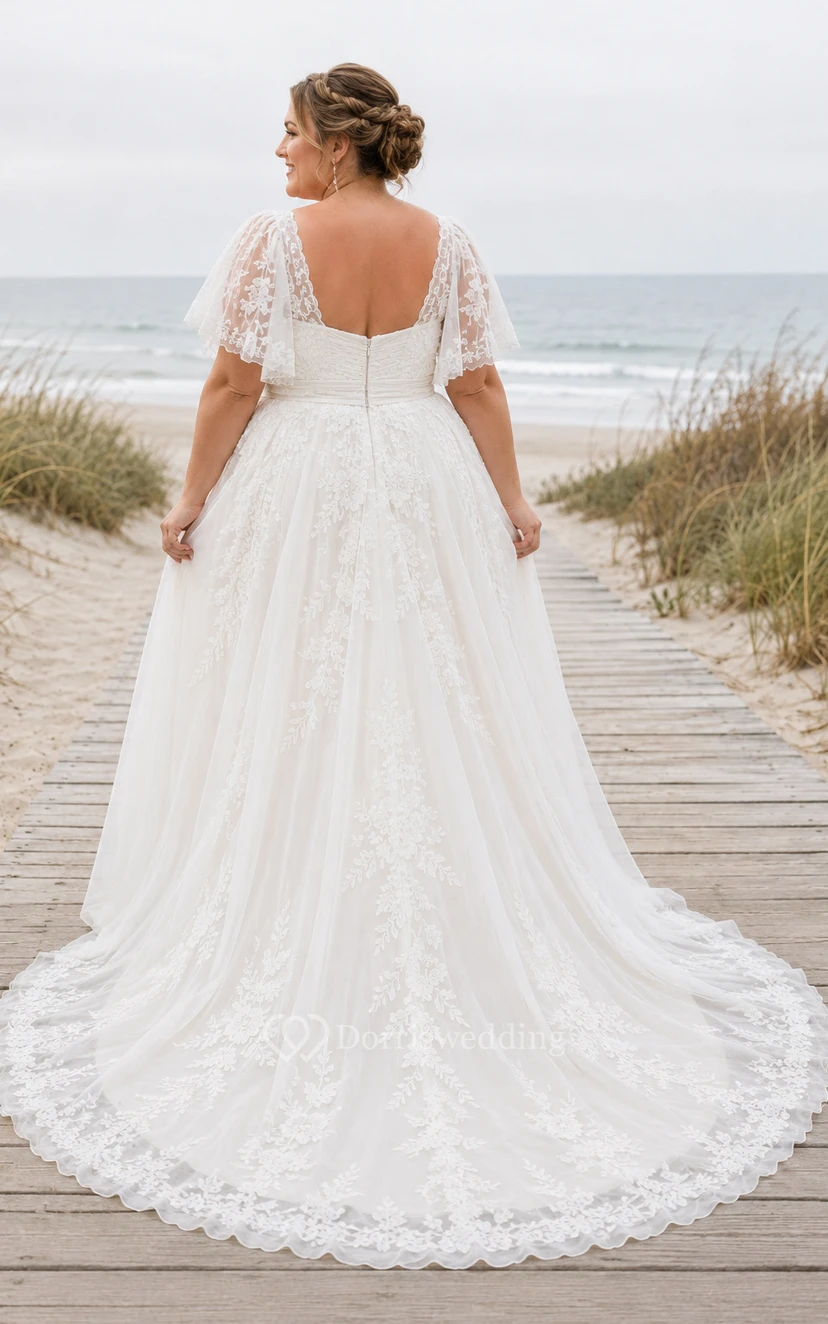 Plus Size Sweetheart Lace Tulle A-Line Beach Wedding Dress with Cap Sleeves view 2