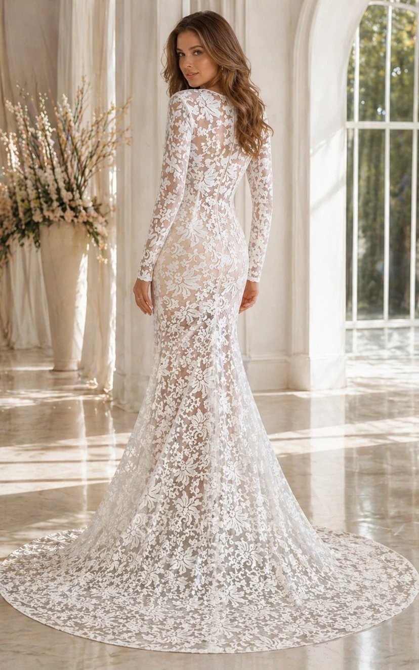 Modern Lace Deep V-neck Mermaid Prom Dress Front Split Long Sleeve view 2