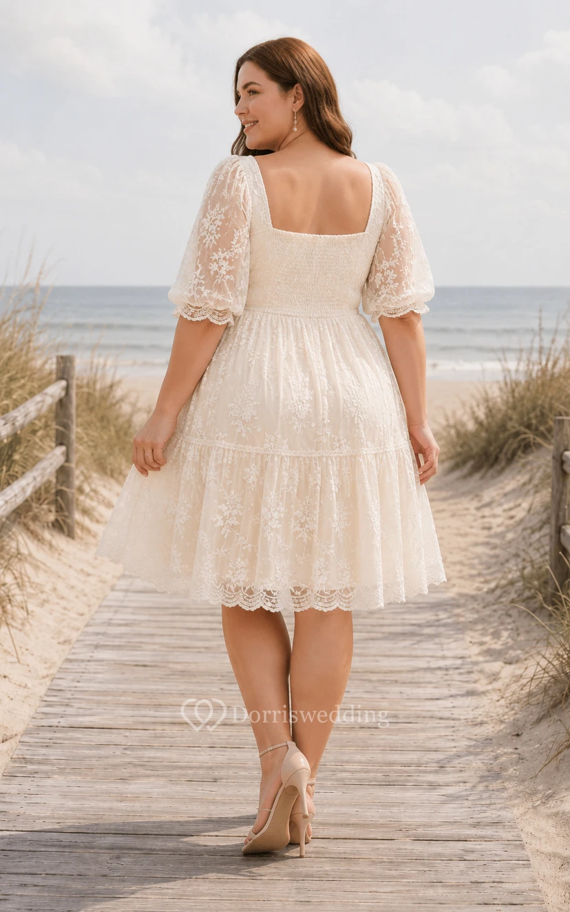Plus Size Brautkleid mit kurzen Ärmeln, Spitze, Teelänge und Tüllrock view 2
