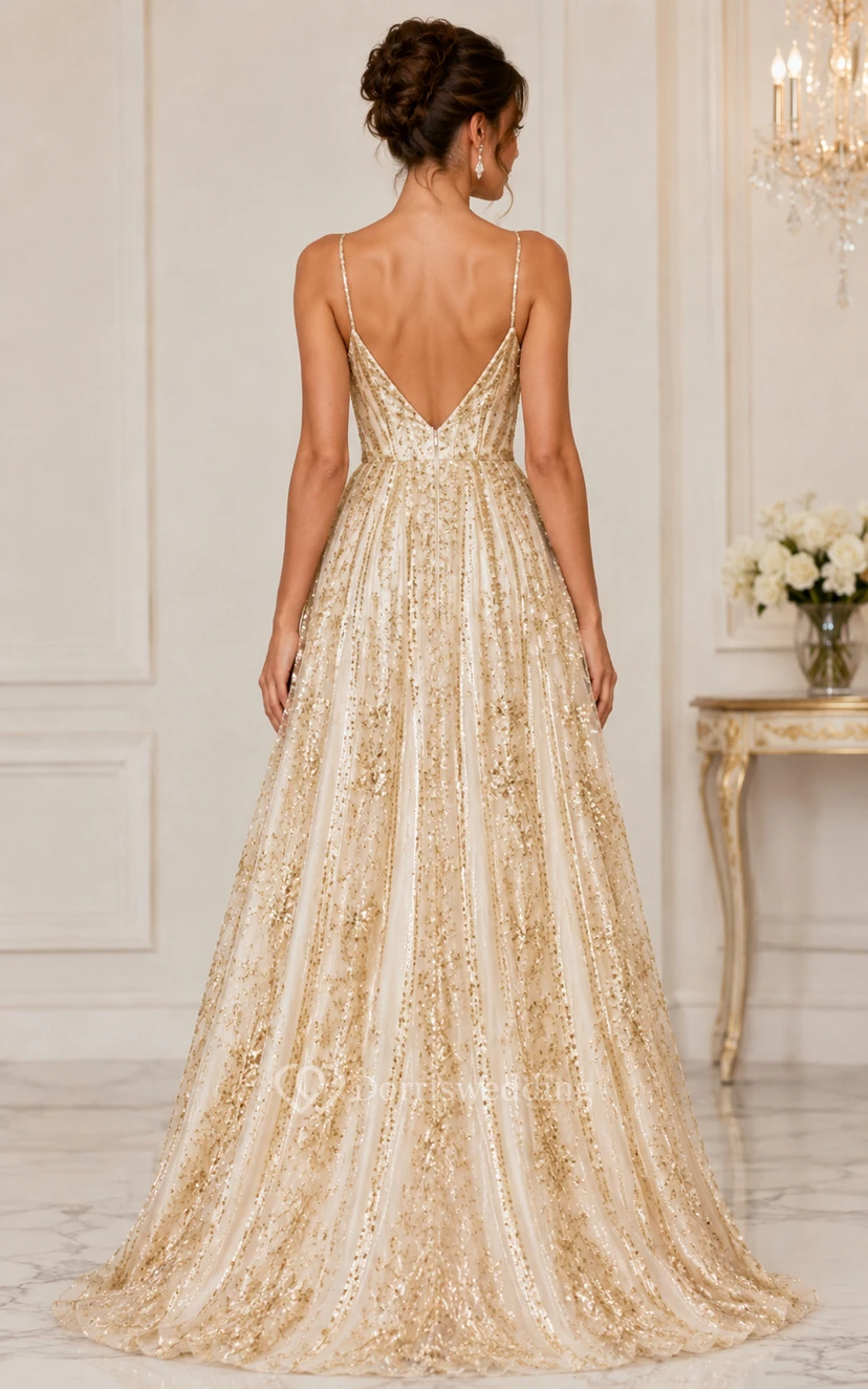 Ivory and Gold Sequin Prom Dress with Deep V Neckline A-Line Gown view 2
