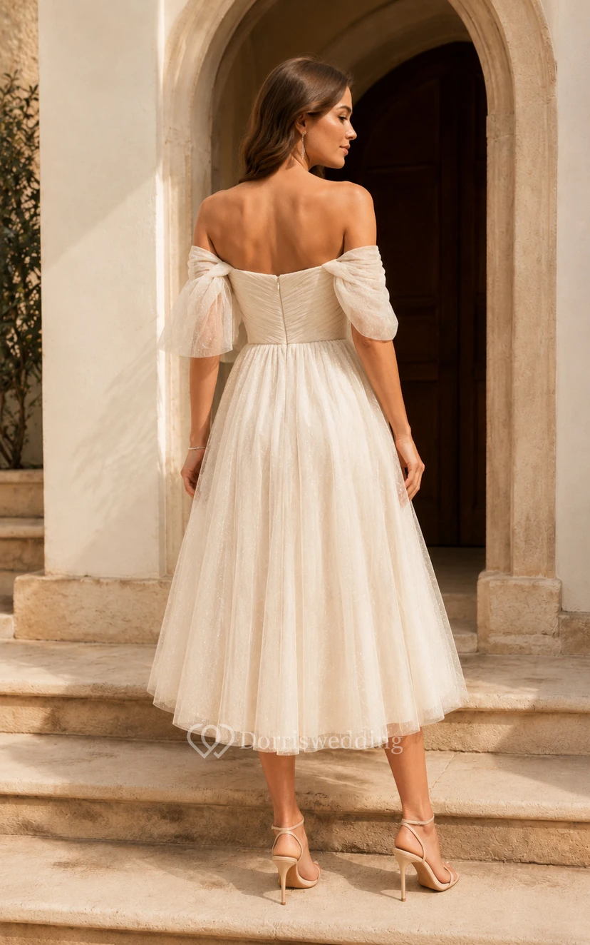Off-the-Shoulder Tea-Length Tulle Wedding Dress with Puff Sleeves view 2