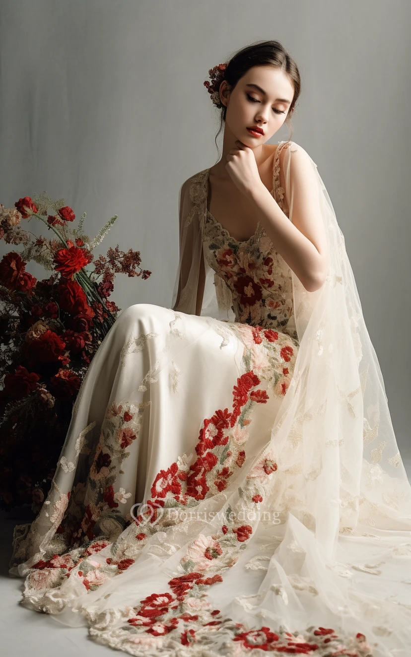 Flowy V-neck Chiffon Sheath Red and White Wedding Dress Flowy V-neck Chiffon Sheath Red and White Wedding Dress