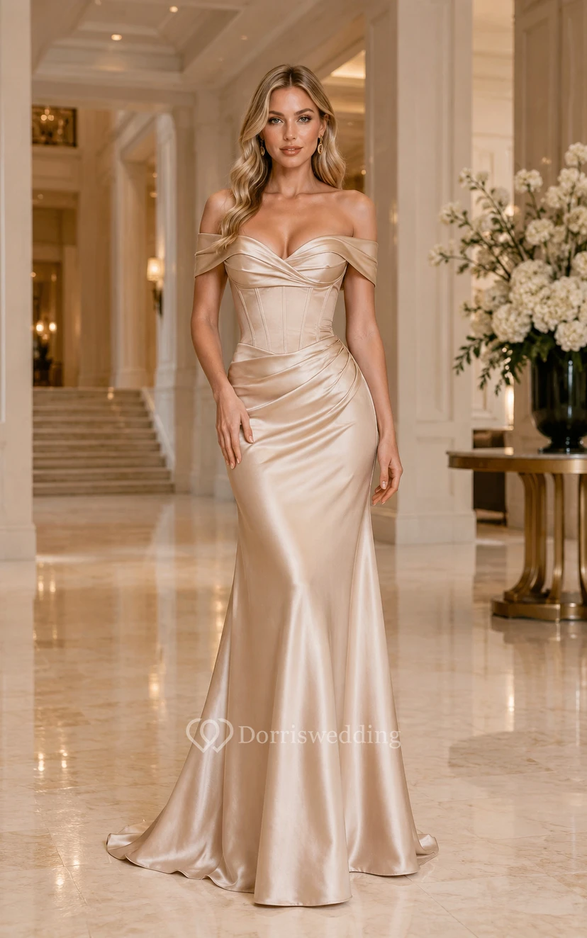 Champagne Off-the-Shoulder Satin Mermaid Formal Dress with Corset Bodice and Ruched Skirt