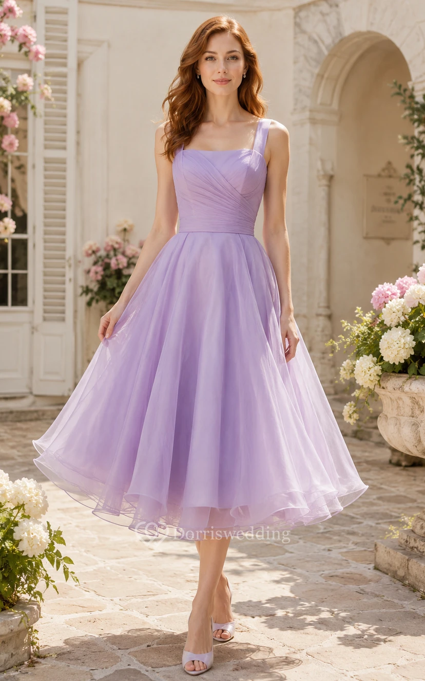 Robe de demoiselle d'honneur lavande en tulle, coupe trapèze, longueur thé, col carré, idéale pour les demoiselles d'honneur, les invitées de mariage et les soirées formelles.