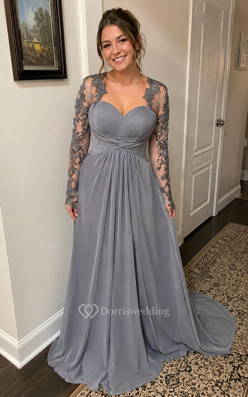 Dark Green Sweetheart Illusion Long Sleeve Chiffon Prom Dress view 10