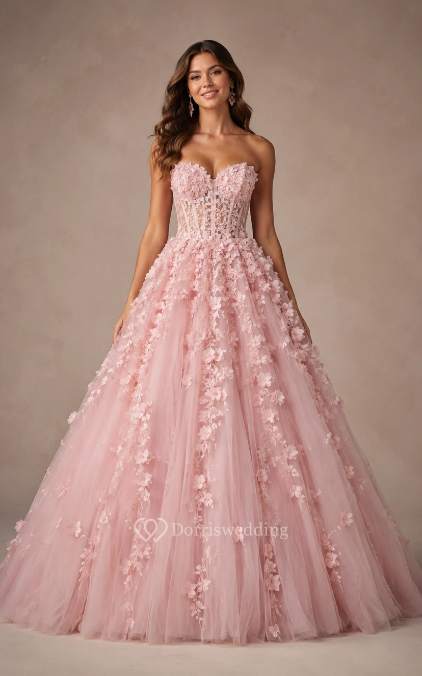 Blush Pink Tulle Ball Gown Prom Dress Strapless 3D Floral Applique