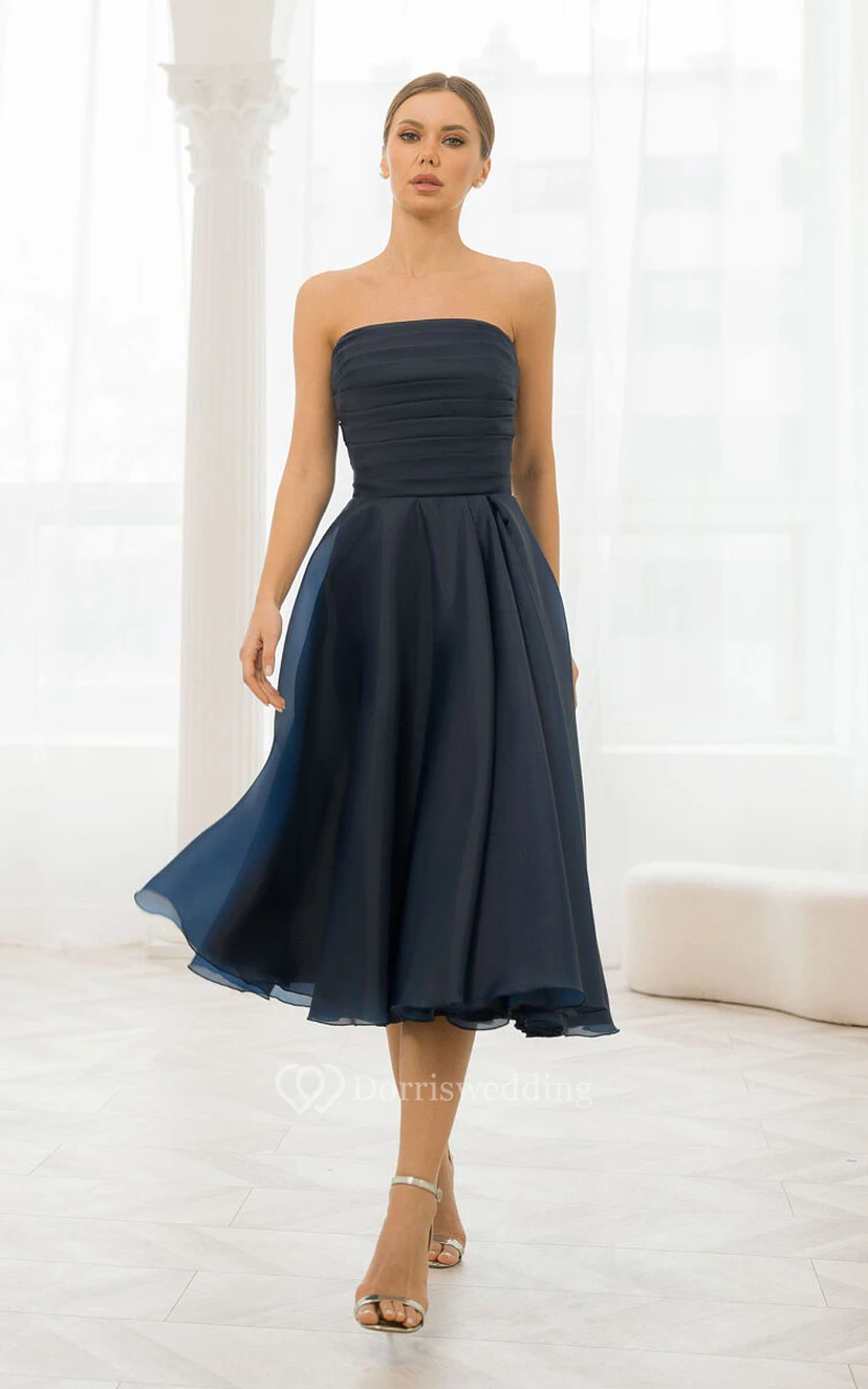 Navy Tea Length Sundresses Short Sleeve Navy Blue Tea Length