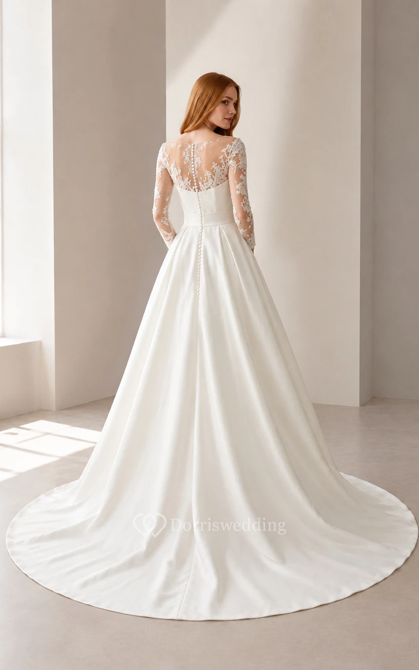 Wedding Ball Gown Satin Dress with Long Lace Sleeves and Chapel Train view 2
