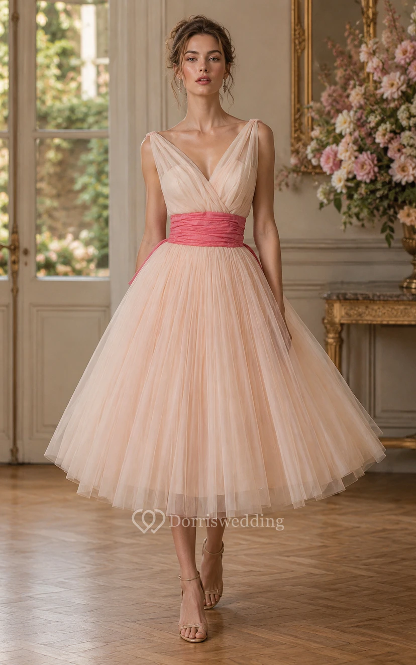Ärmelloses Empire-Chiffonkleid mit V-Ausschnitt, geraffter Taille und Falten