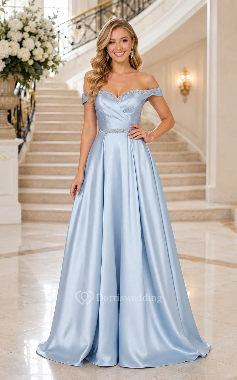 Himmelblaues schulterfreies Brautjungfernkleid aus Satin in A-Linie mit bodenlangem Rock