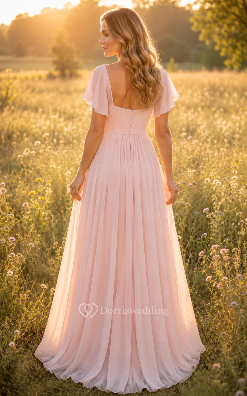 Blushing Pink Short Sleeve Chiffon A-Line Bridesmaid Dress with Empire Waist view 2
