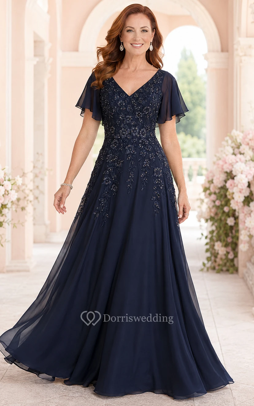 Dark Navy V-Neck Chiffon A-Line Mother Dress with Flutter Sleeves and Lace Bodice
