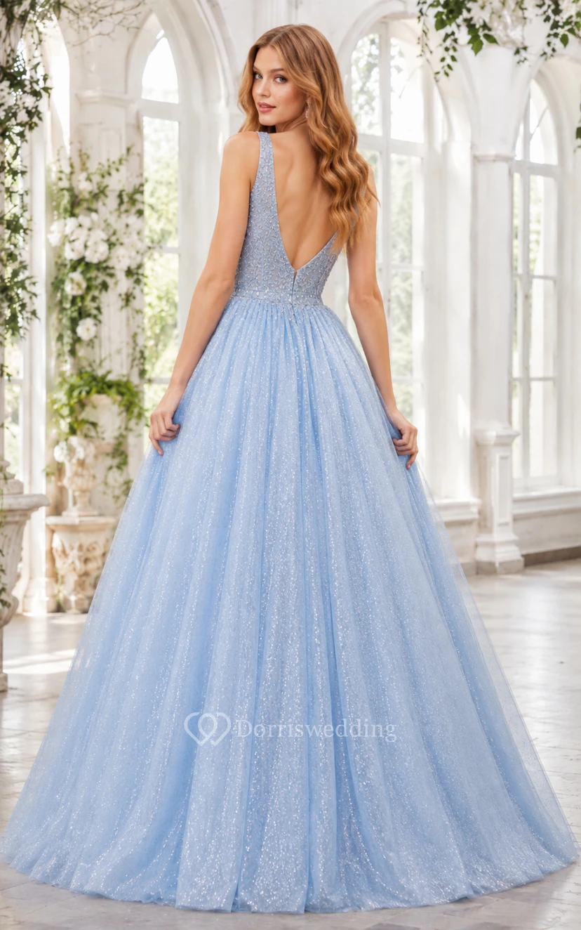 Sky Blue Glitter Tulle Ball Gown Prom Dress with V-Neck and Deep V Back view 2