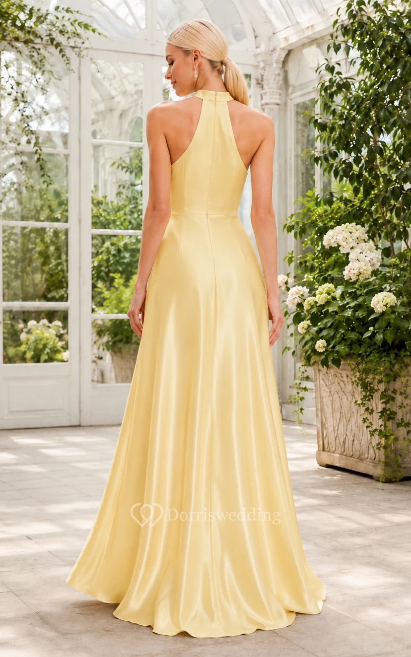 Daffodil Halter Satin A-Line Formal Dress with High Neck and Floor Skirt view 2
