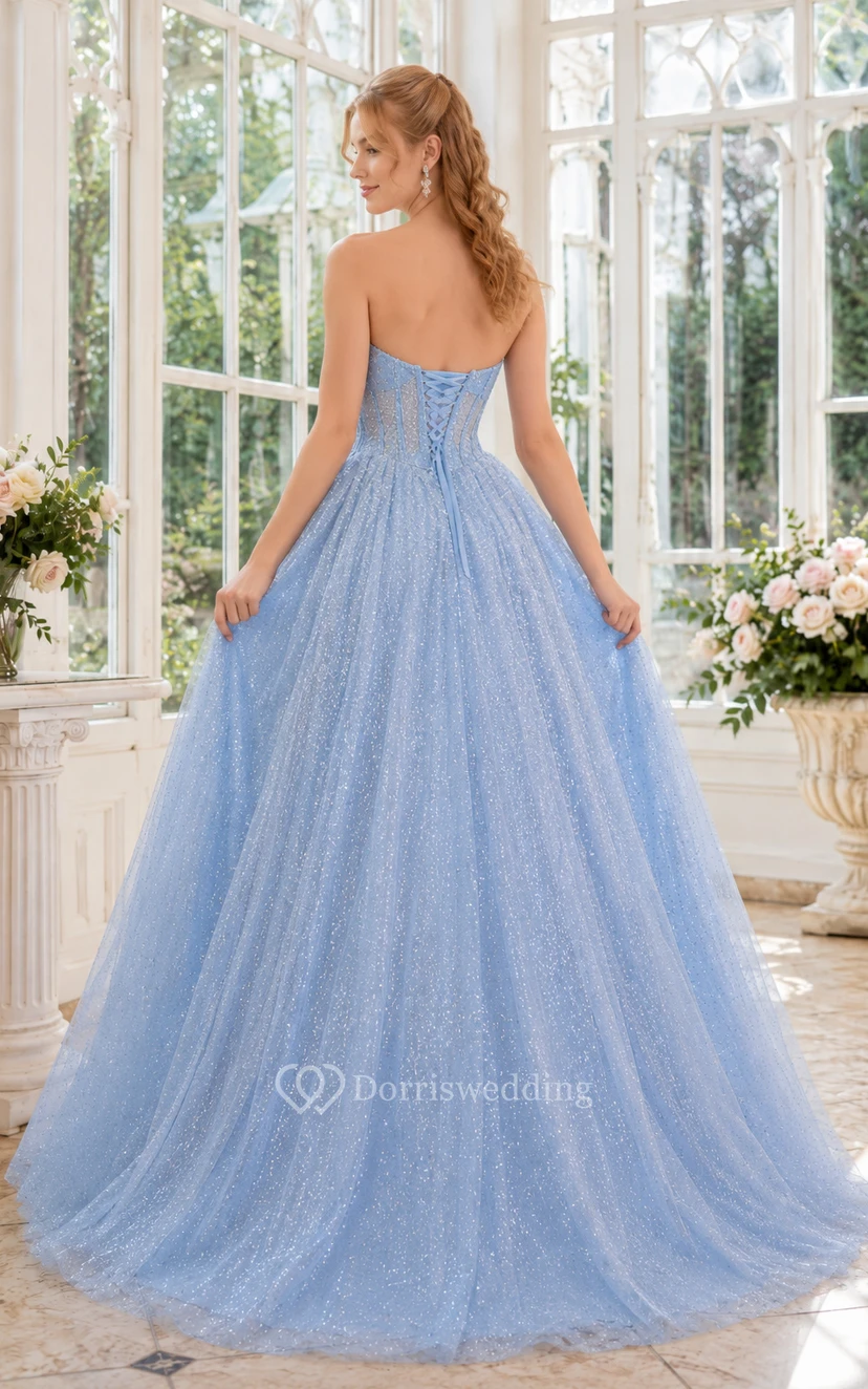 Sky Blue Glitter Tulle Ball Gown with Strapless Sweetheart Bodice view 2