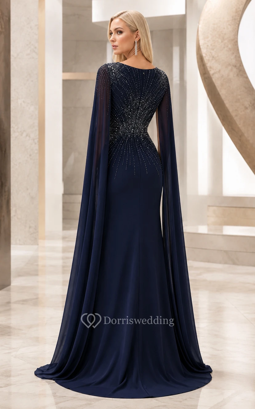 Dark Navy Cape Sleeve Beaded Sheath Evening Dress with Rhinestone Bodice and Floor Length Skirt view 2