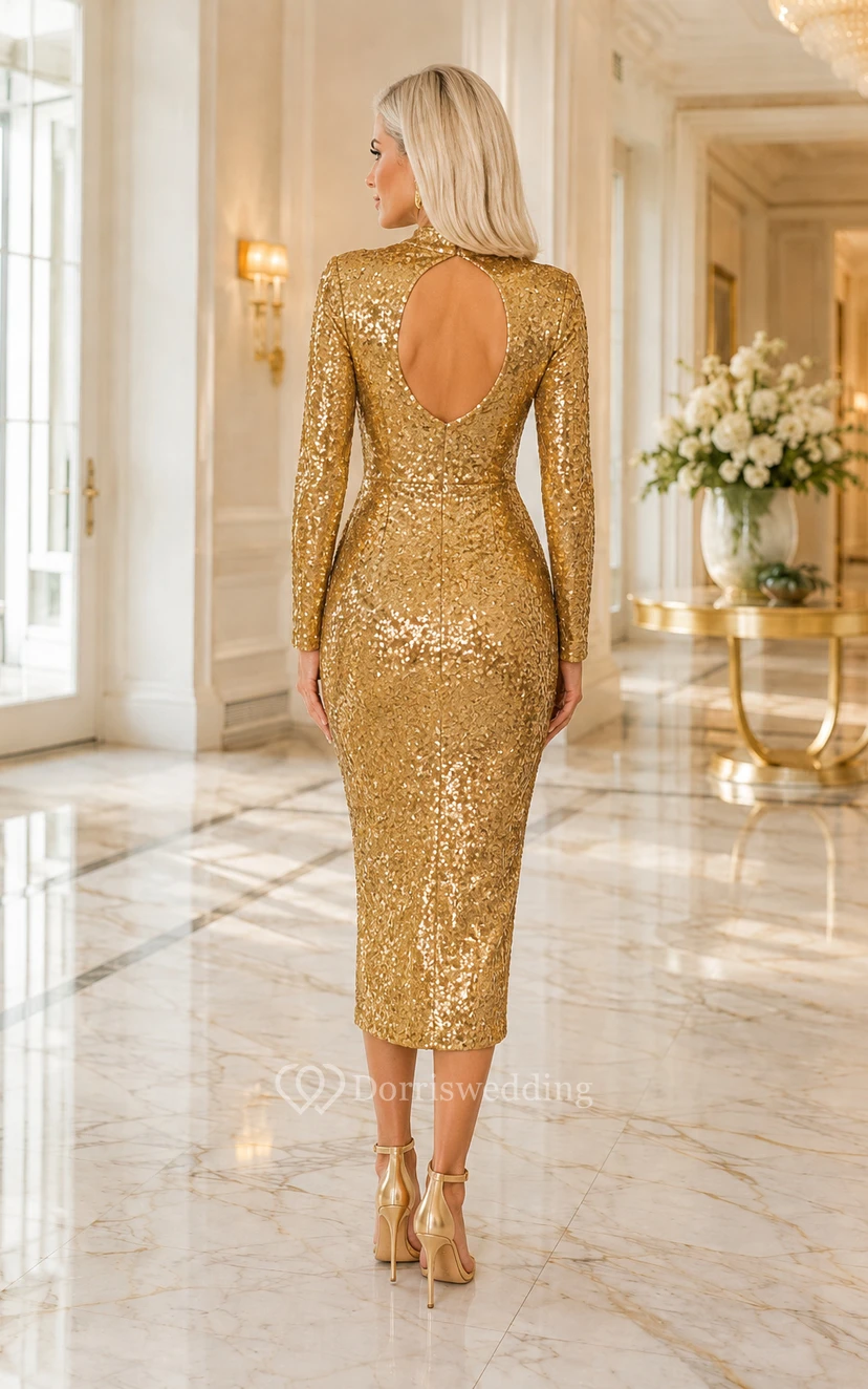 Goldenes, langärmeliges Pailletten-Midikleid mit hohem Kragen für Abschlussball, Abendpartys und formelle Anlässe view 2