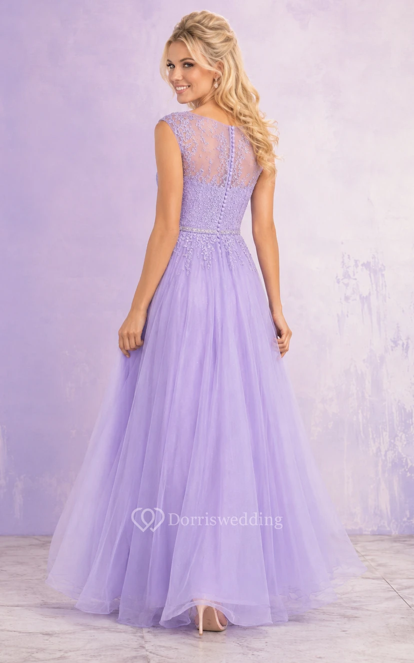 Robe trapèze en tulle lavande mi-longue avec corsage en dentelle view 2
