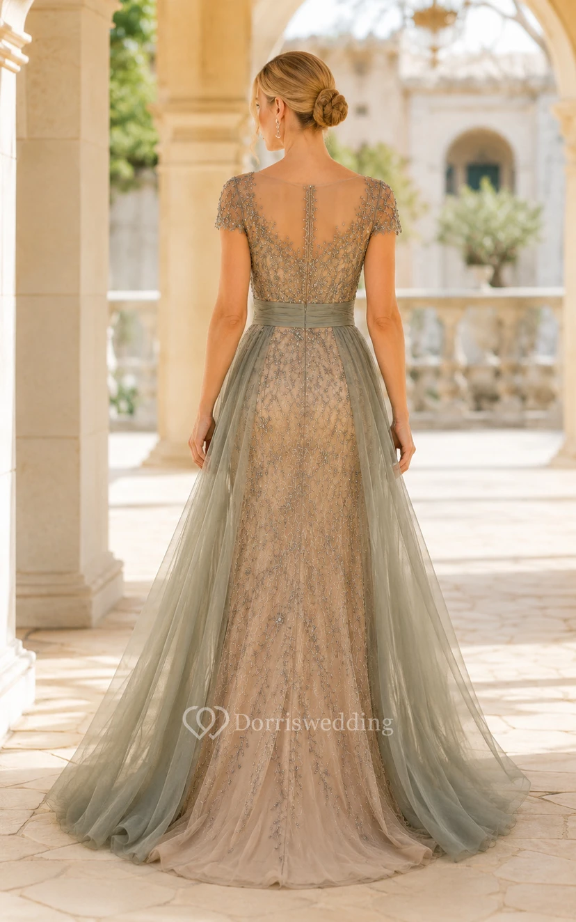 Robe de soirée fourreau en dentelle perlée à manches courtes couleur sauge avec surjupe en tulle view 2