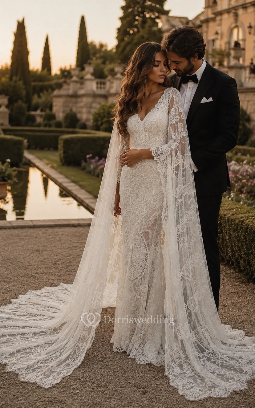 boho lace flowy wedding dress Boho Lace Illusion Flowy Sheath Cape Wedding Dress