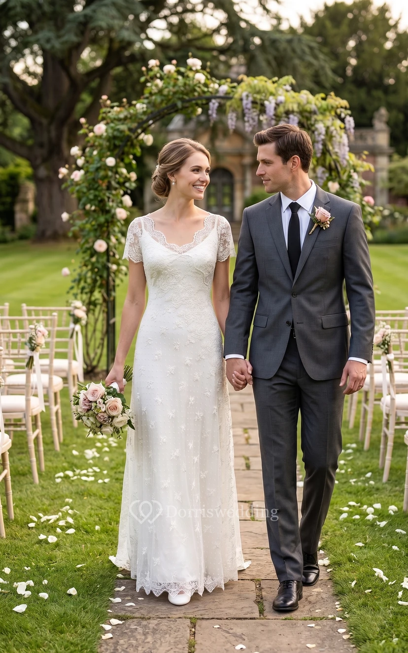 scalloped neck lace dress V-neck Scalloped Wedding Dress With Lace Sleeves
