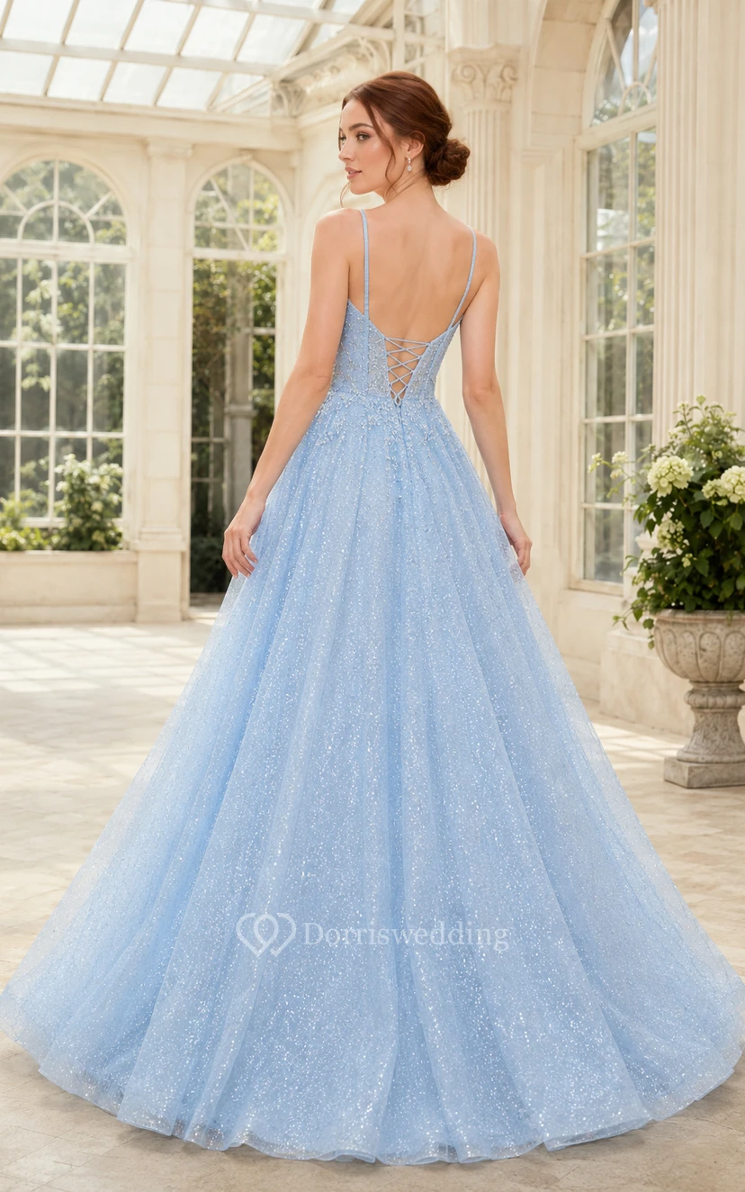 Sky Blue Glitter Tulle Ball Gown V-Neck Prom Dress for Prom and Formal Events view 2