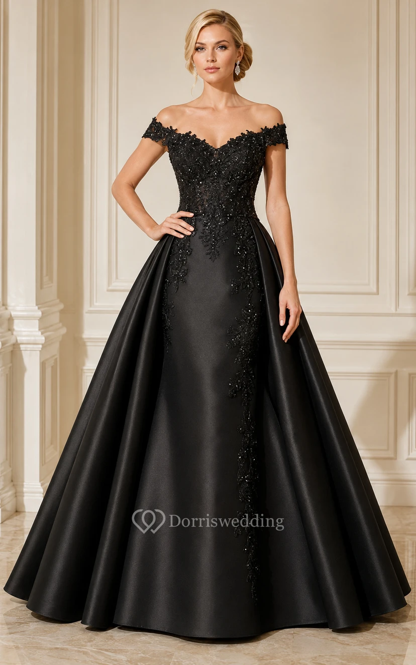 Black Off-the-Shoulder Satin Ball Gown with Lace Trim and Full Skirt