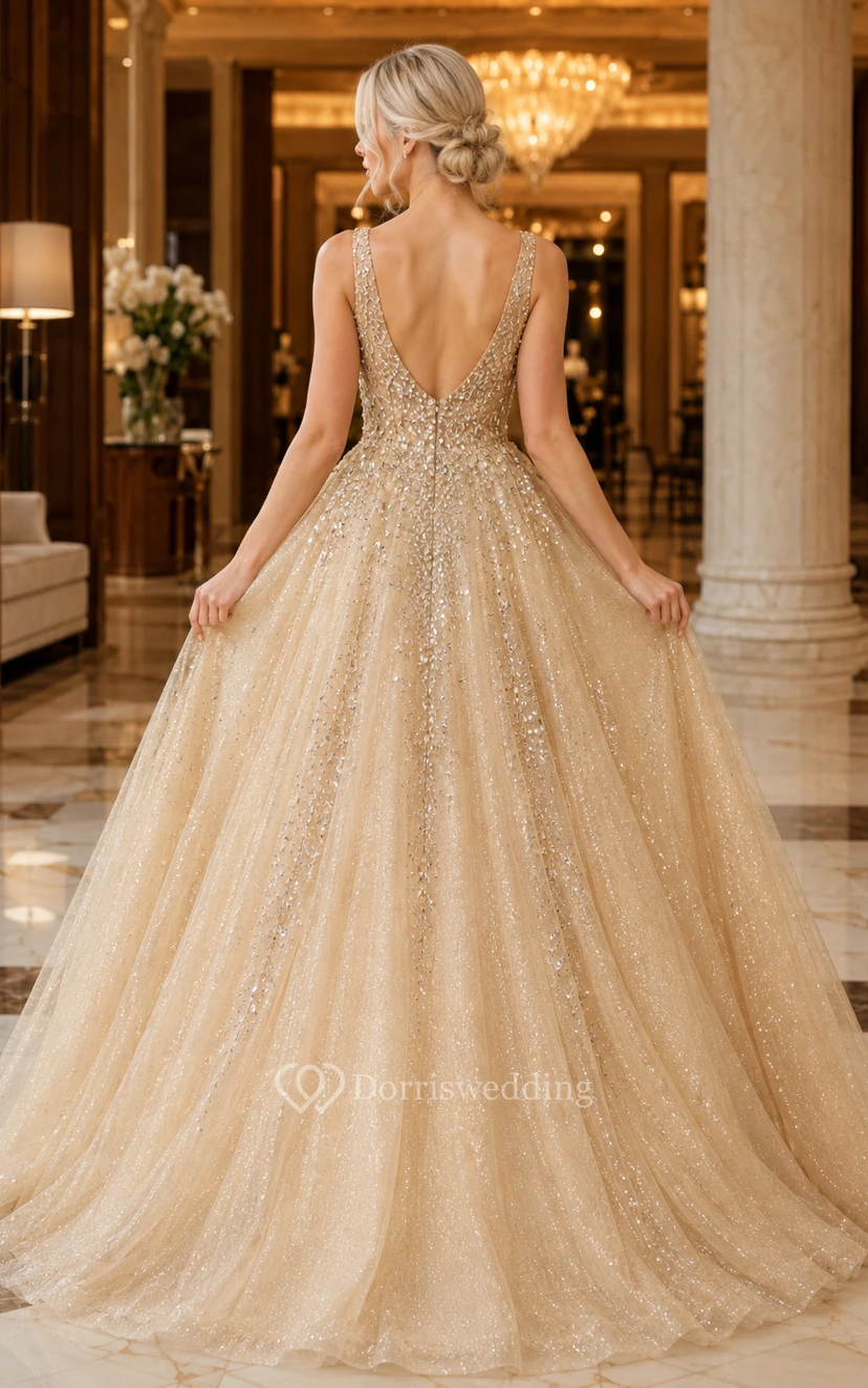 Robe de bal champagne avec décolleté en V plongeant et perles scintillantes pour le bal de fin d'année view 2