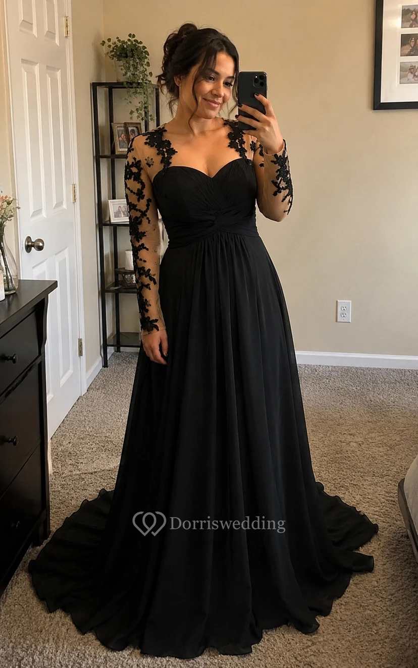 Dark Green Sweetheart Illusion Long Sleeve Chiffon Prom Dress view 9