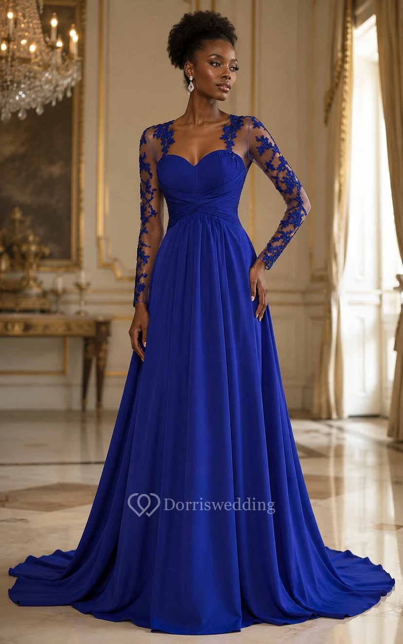 Dark Green Sweetheart Illusion Long Sleeve Chiffon Prom Dress view 5