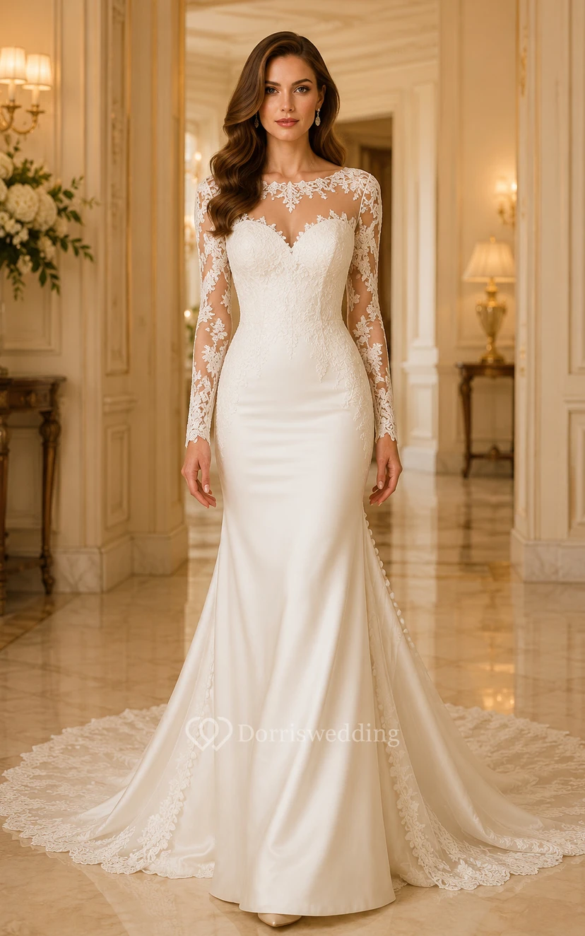 Wedding Mermaid Satin Dress with High Neck Lace Sleeves and Chapel Train