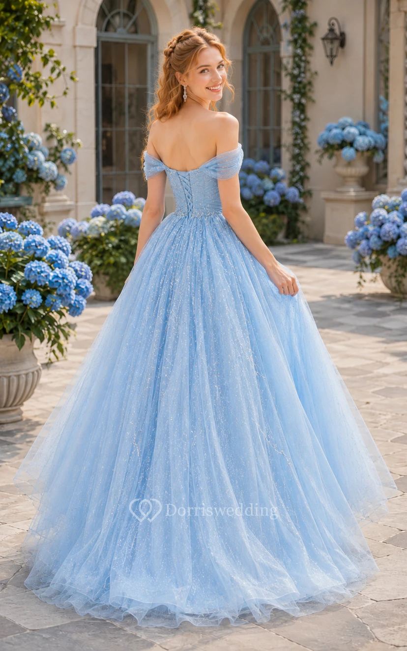 Himmelblaues, schulterfreies Glitzer-Tüll-Ballkleid mit Stufenrock für Abschlussball, Quinceañera und festliche Anlässe view 2