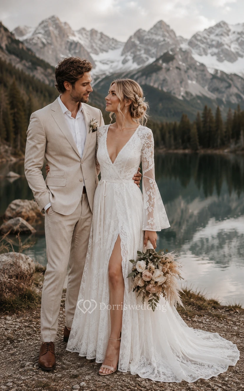 Boho Bell Loneg-sleeve Country Wedding Dress | Vintage Lace Hippie Bridal Gown with Sleeeves view 3