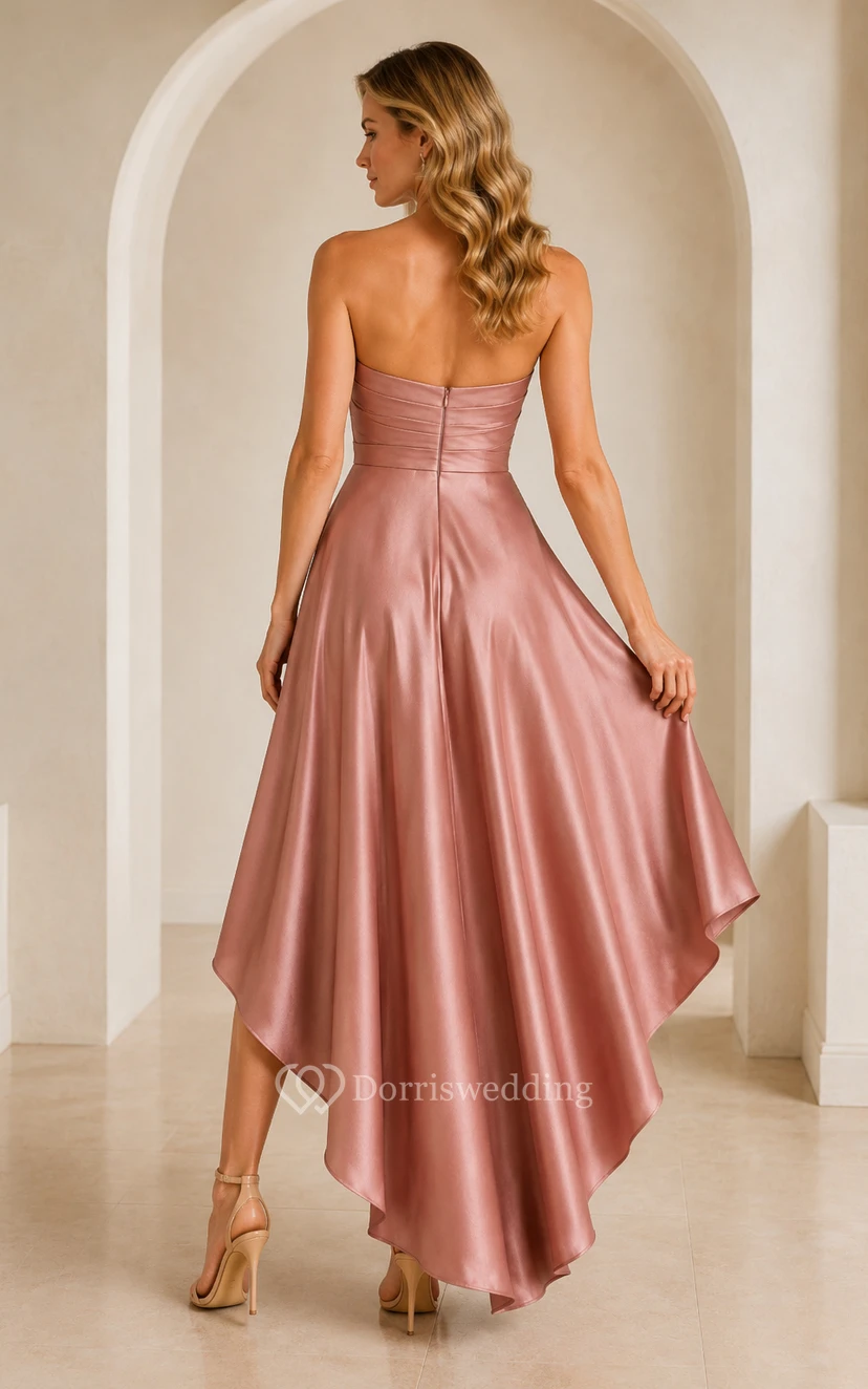 Dusty Rose Strapless Satin High-Low A-Line Cocktail Dress with Pleated Wrap Bodice view 2