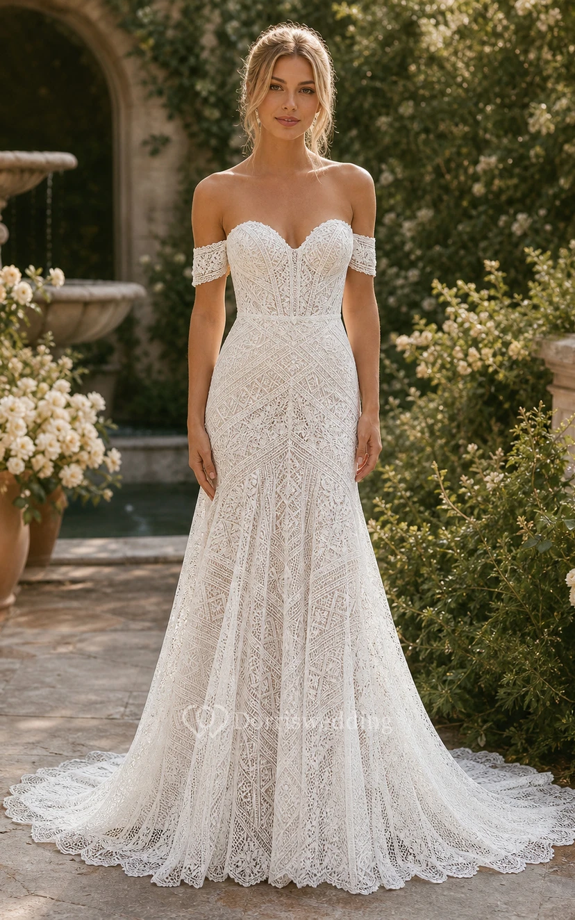 Boho Sweetheart Sheath Lace Empire Sweep Train Wedding Dress view 2