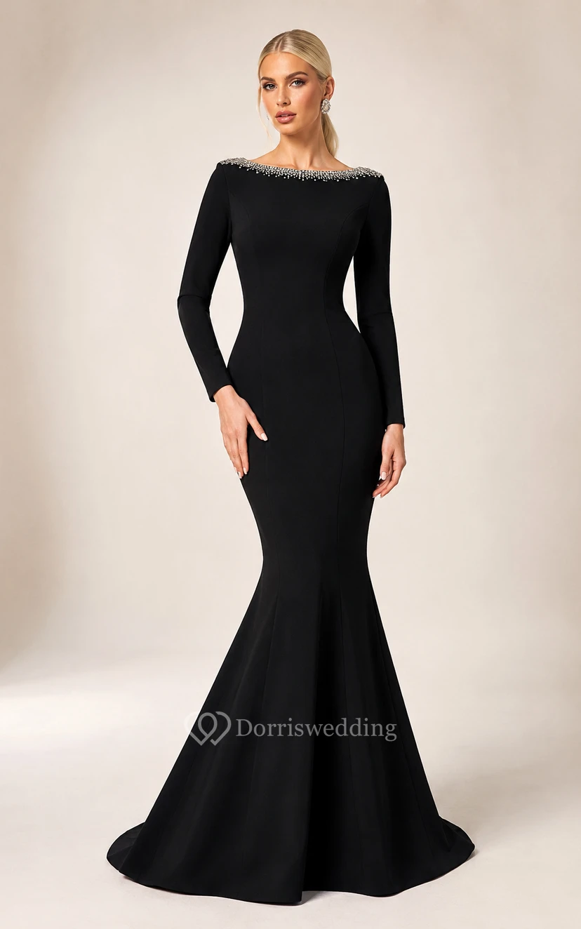 Modest Black Long Sleeve Mermaid Evening Dress with Crystal Bateau Neckline and Sweep Train