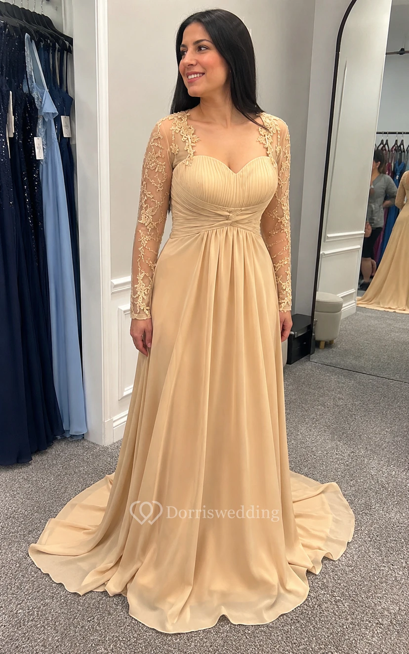 Dark Green Sweetheart Illusion Long Sleeve Chiffon Prom Dress view 8