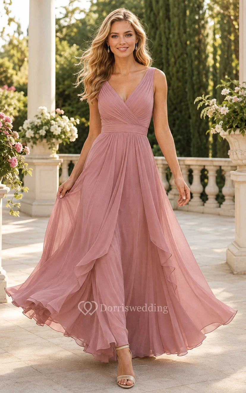 Dusty Rose V-Neck Chiffon High-Low A-Line Bridesmaid Dress with Pleated Bodice for Garden Wedding