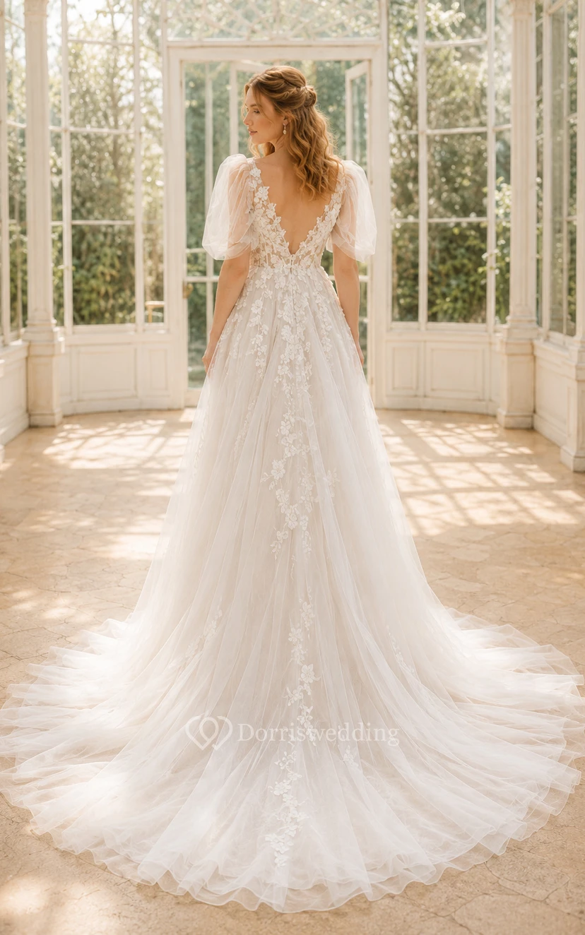 Wedding A-Line Tulle Dress with Puff Sleeves, V-Neck Lace Bodice, and Train view 2