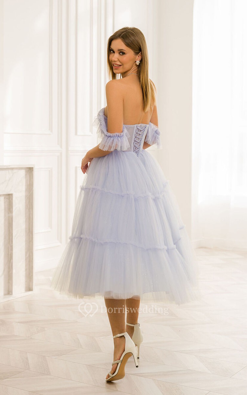 Sky Blue Off-the-shoulder Tulle Tea-length A-line Dress | Dorris