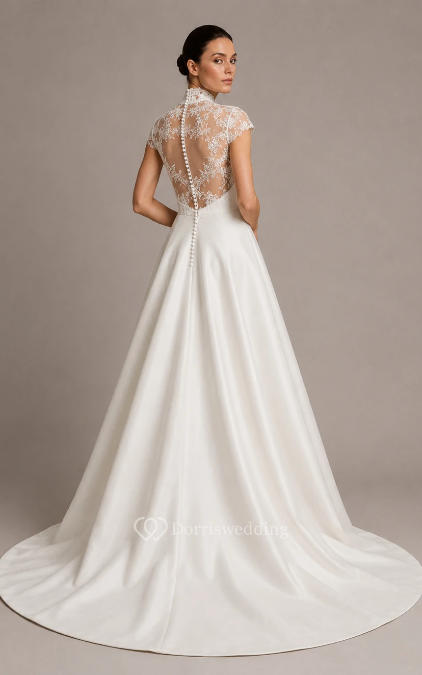 Hochgeschlossenes Brautkleid aus Satin mit Schleppe, Oberteil aus Spitze und Satin. view 2