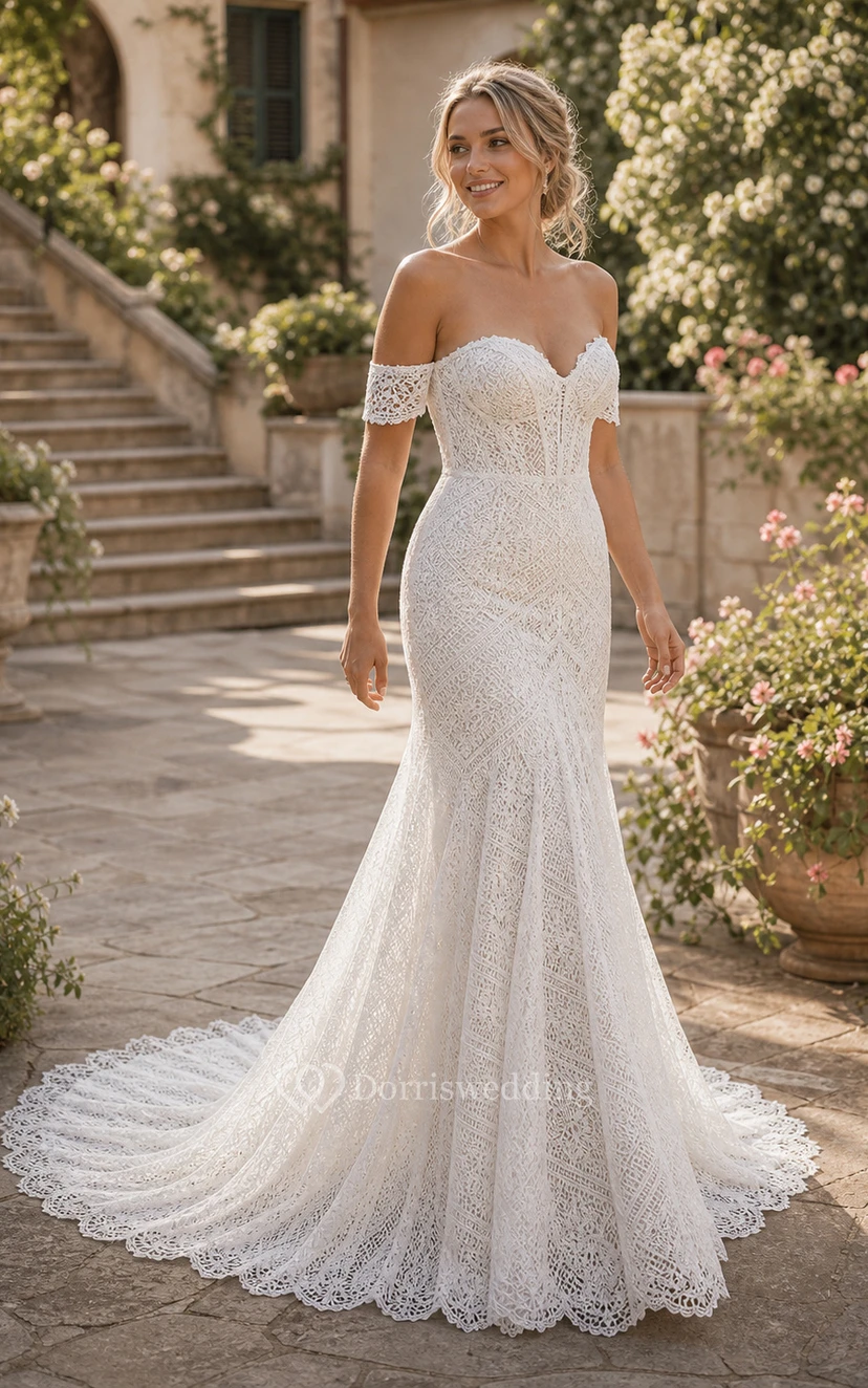 Boho Sweetheart Sheath Lace Empire Sweep Train Wedding Dress