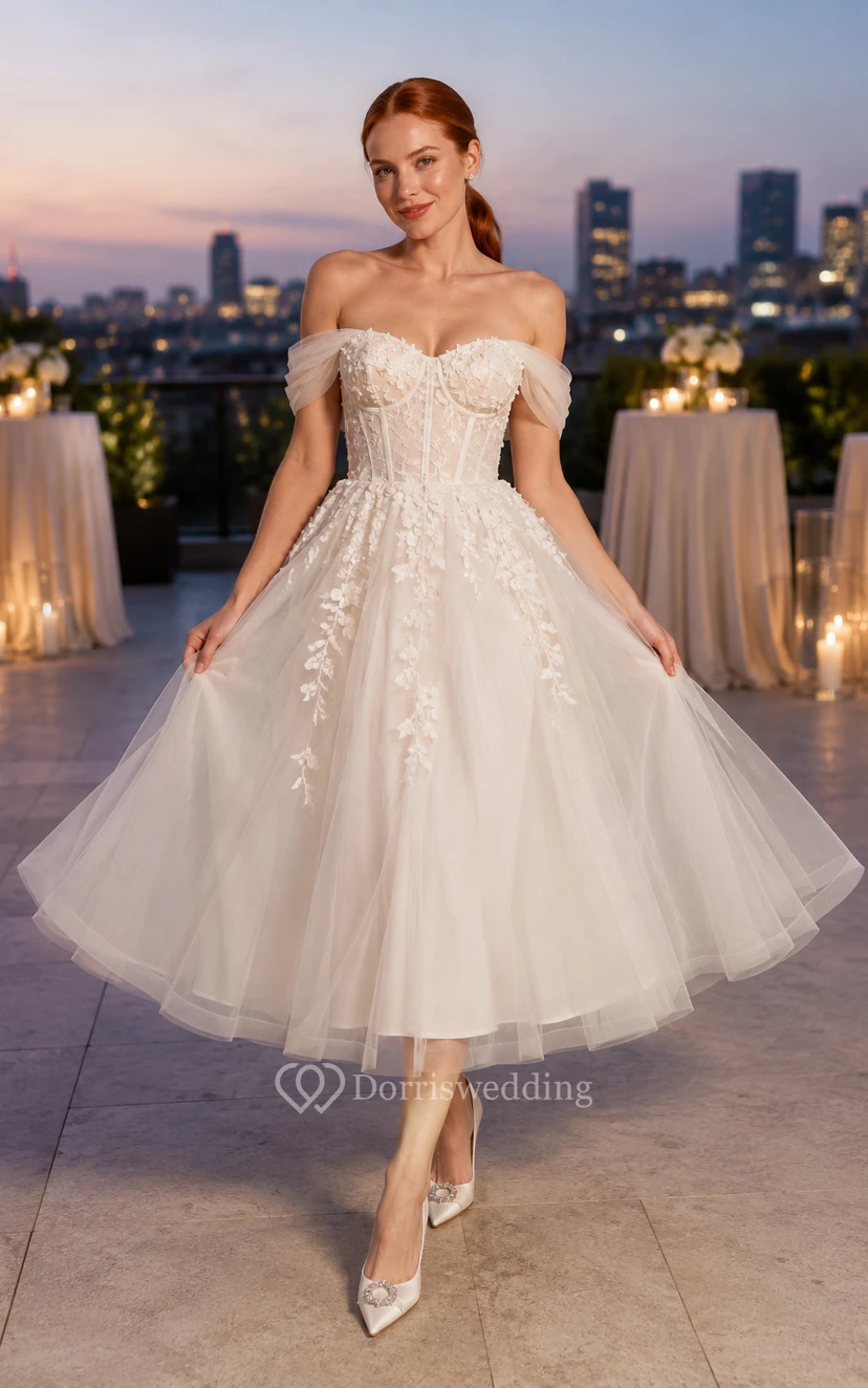 Off-the-Shoulder Lace Tea-Length Wedding Dress with Tulle Skirt